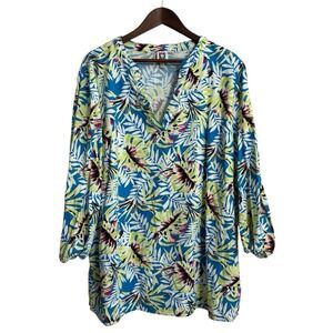 Anne Klein top women's 2X linen blend tunic hawaiian tropical beach coast floral